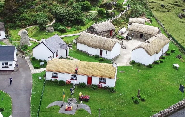 a bird's eye vie of Glencolmcille folk village, showing old folk houses.