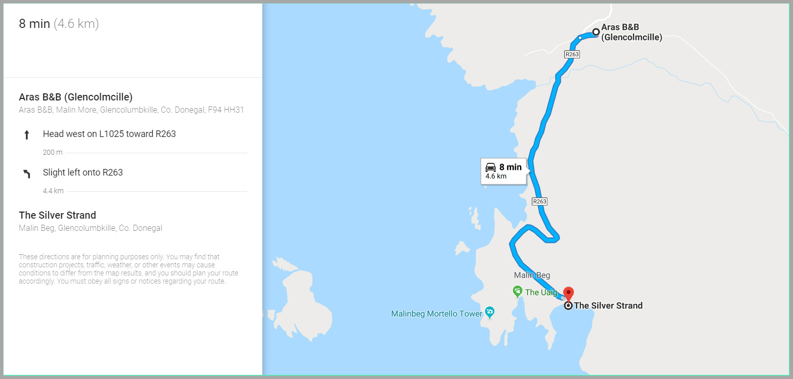 a google maps excerpt that shows a map and directions to silver strand beach from Aras BnB
